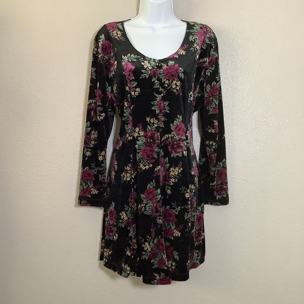 Vintage 90s Grunge Floral Velvet Witchy Whimsigoth Feminine Mini Dress L